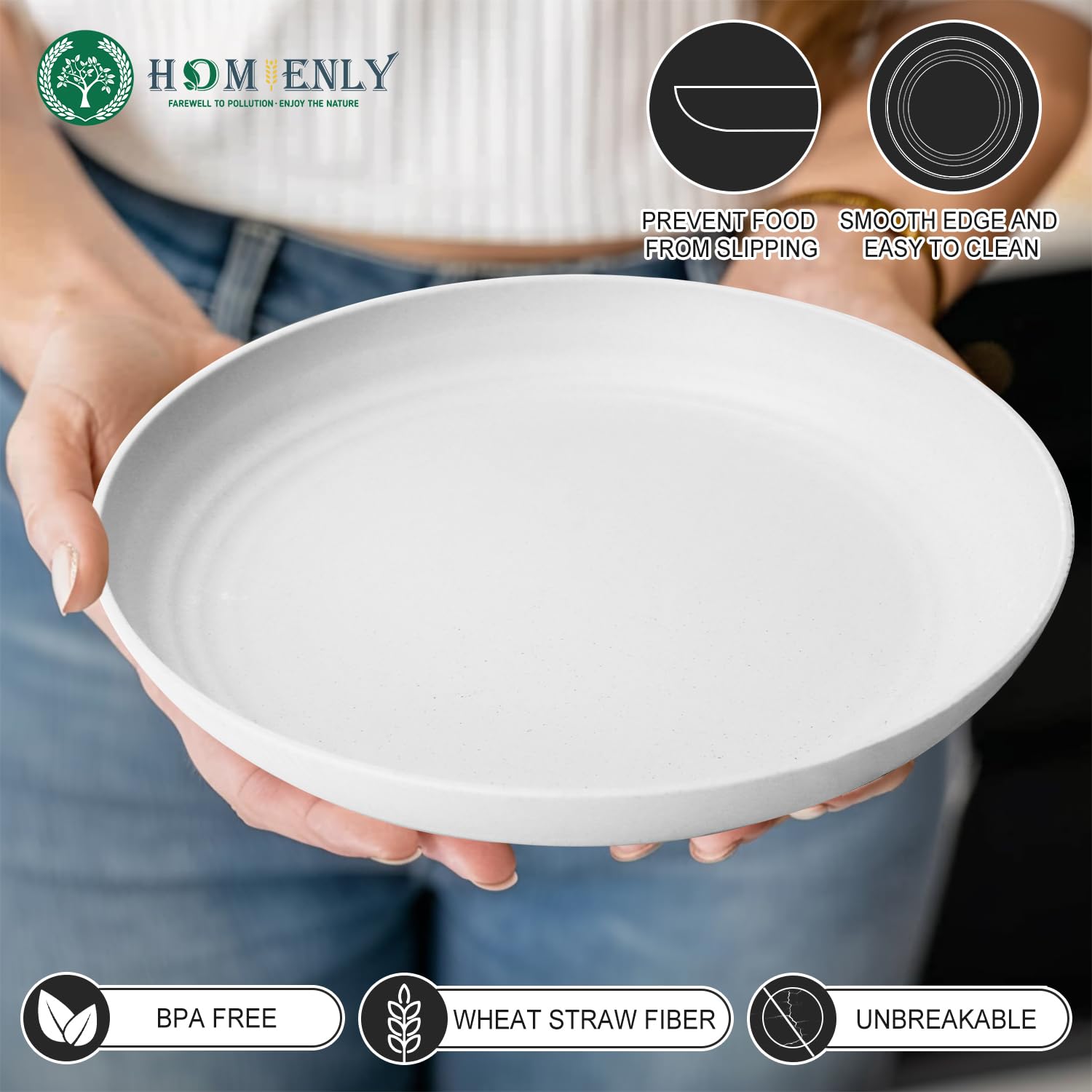 Homienly 9-inch plates highlight unbreakable, durable construction.