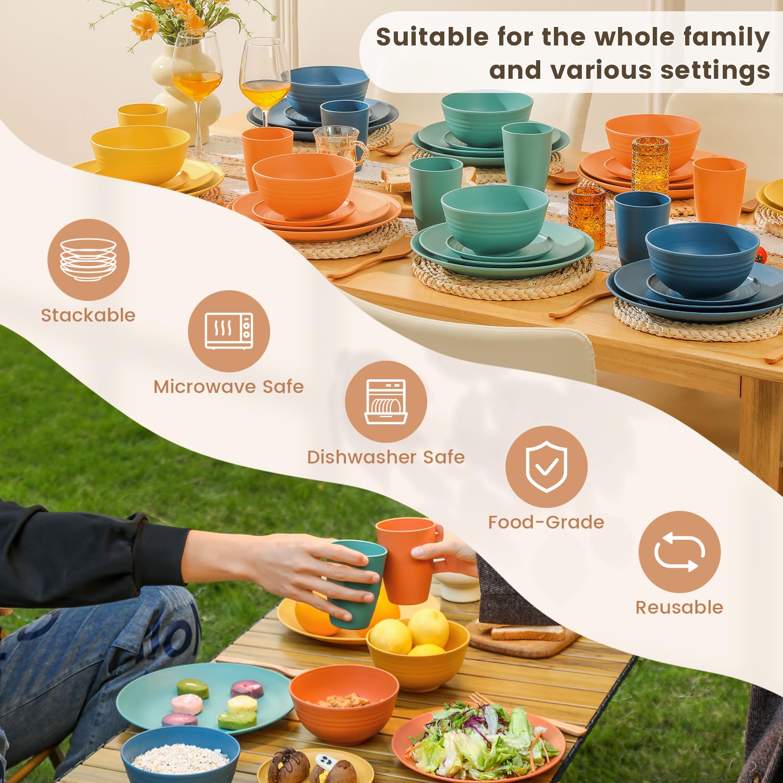 Homienly unbreakable dinnerware set, ideal for outdoor dining and family gatherings.
