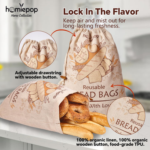 HomiePop bread bags hold a loaf to prevent drying.