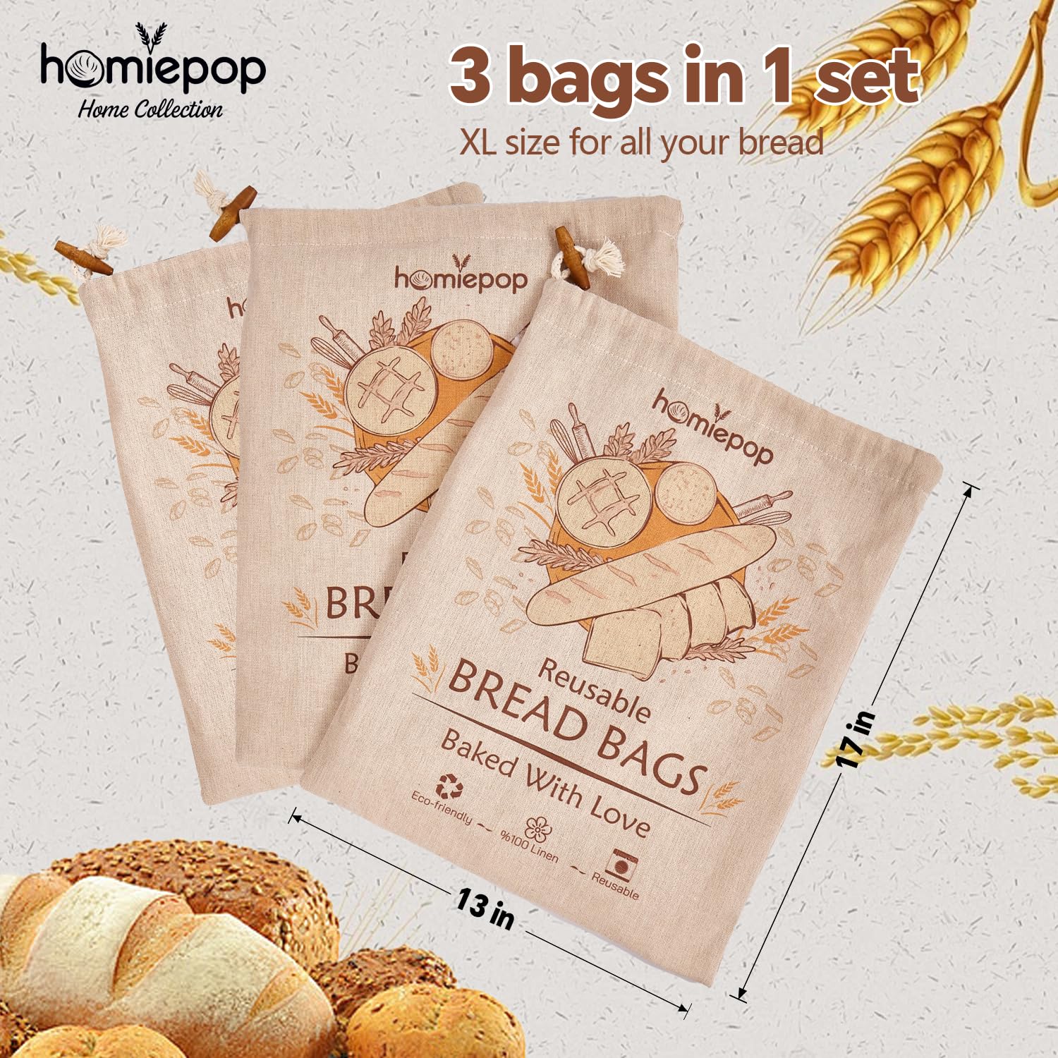 HomiePop bread bags close-up shows drawstring and wooden button.