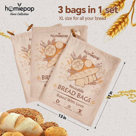 HomiePop bread bags close-up shows drawstring and wooden button.