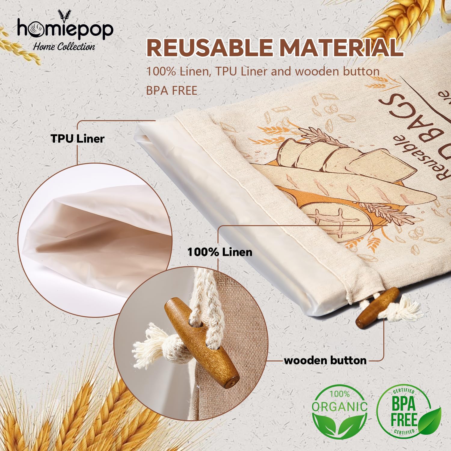 HomiePop linen weave close-up highlights breathable fabric for freshness.