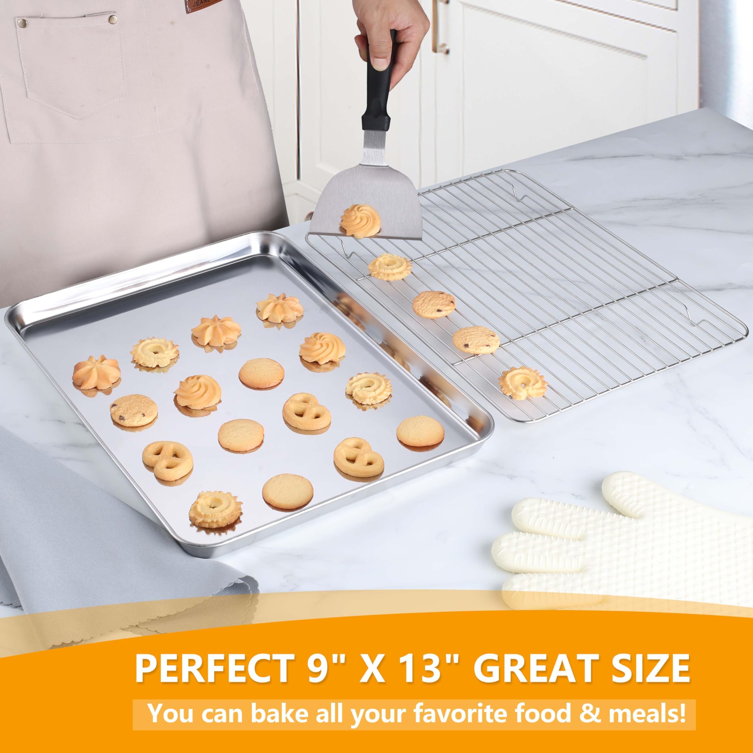 1-inch deep baking pan catches juices and prevents overflow.
