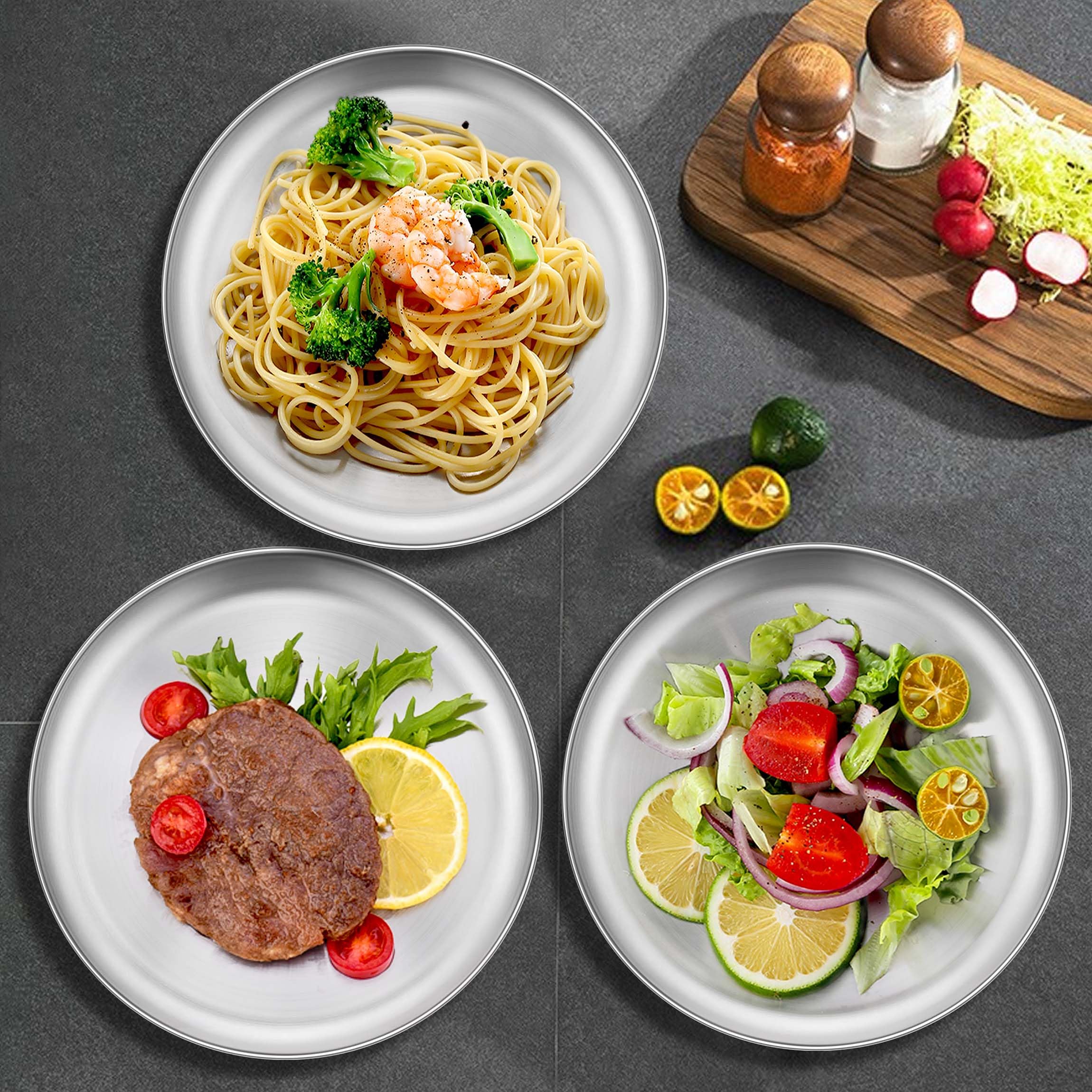 Homikit plates nested together for compact kitchen storage.
