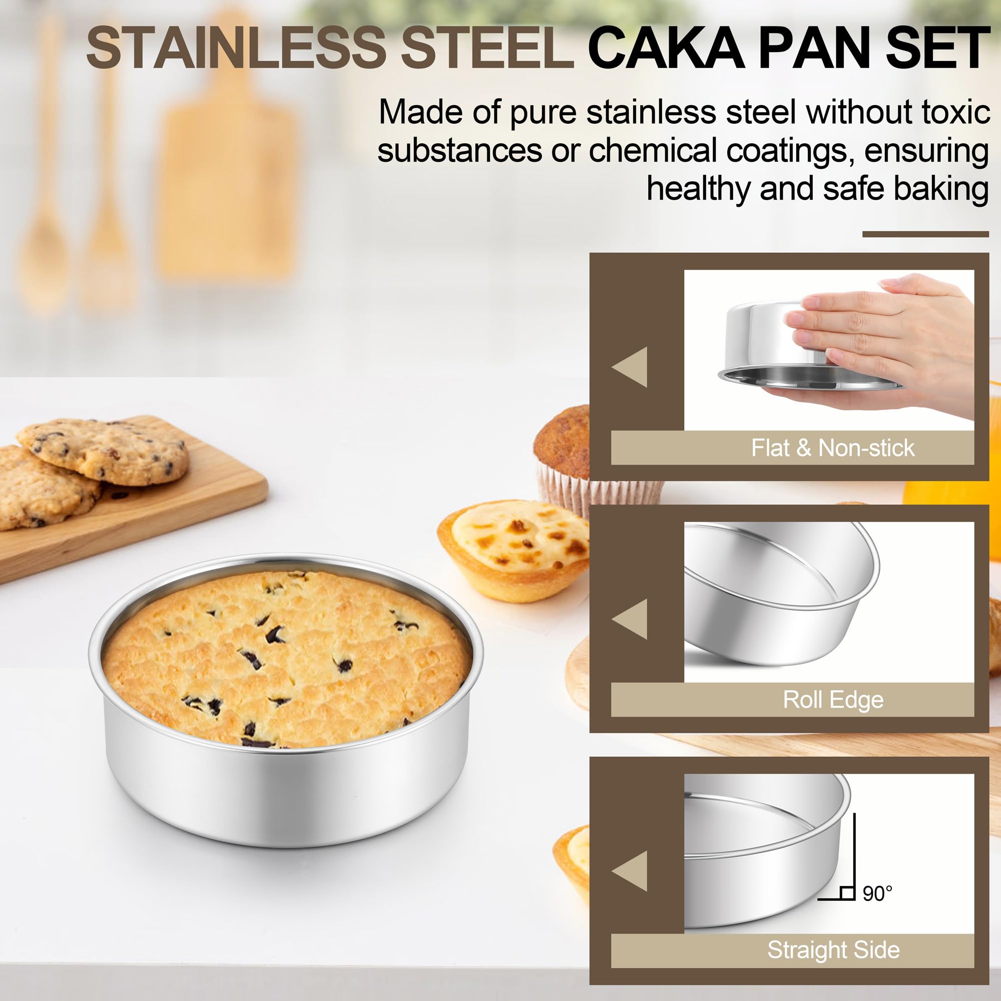 Homikit stainless steel cake pans closeup showing durable, rust-resistant construction