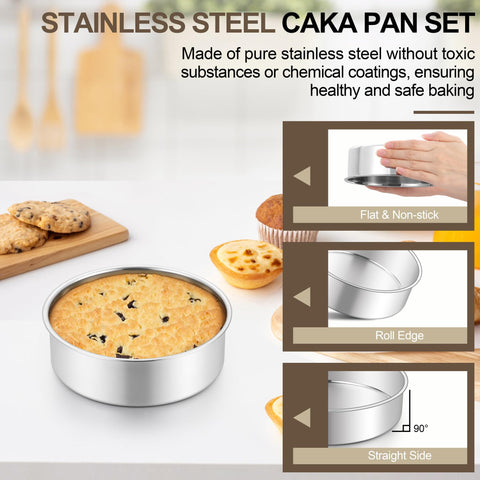 Homikit stainless steel cake pans closeup showing durable, rust-resistant construction