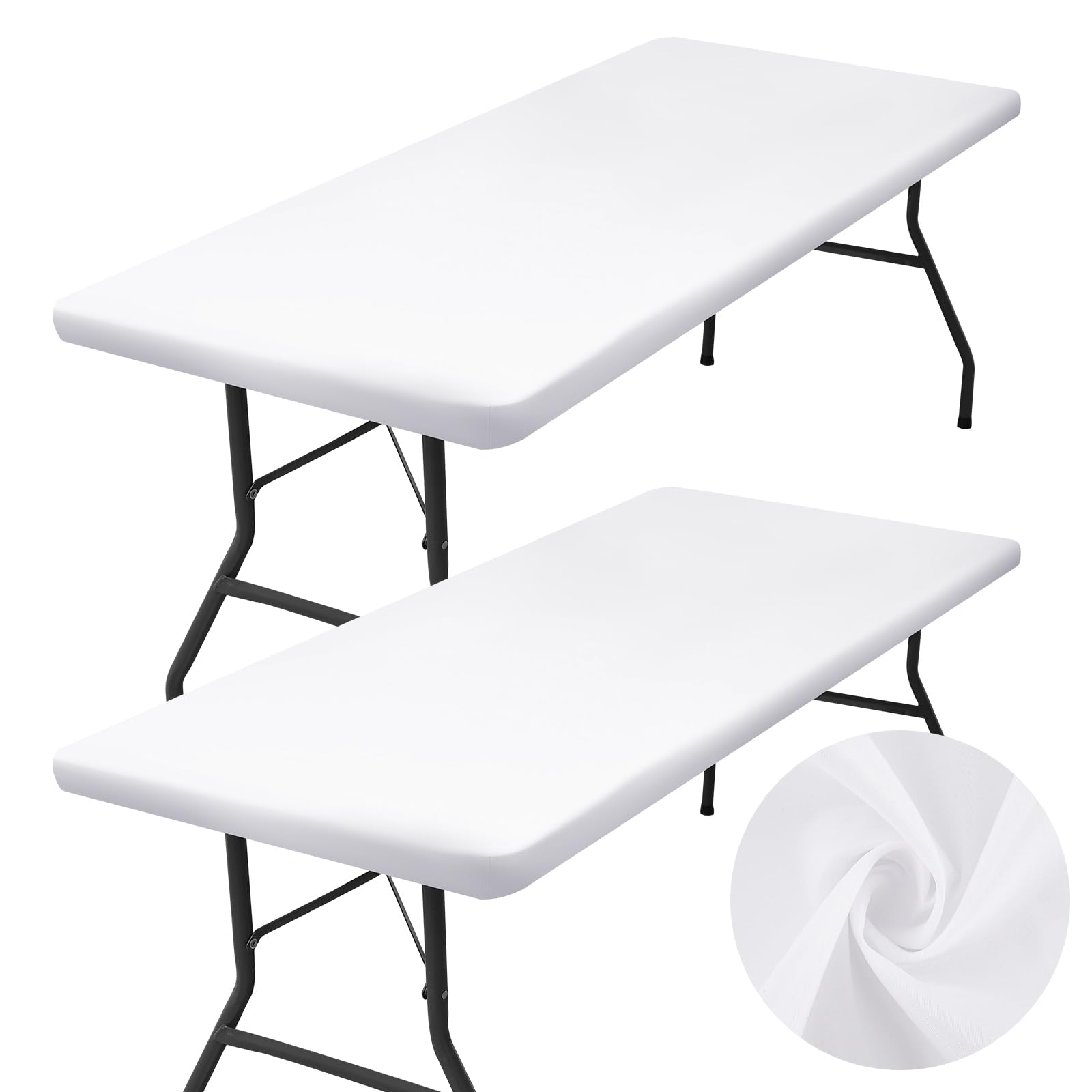Homing elastic-edge rectangle tablecloth securely fits a 6 ft table for outdoor dining.
