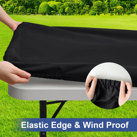 Homing rectangle table cloth cover on an 8-foot table shows a neat, secure fit.
