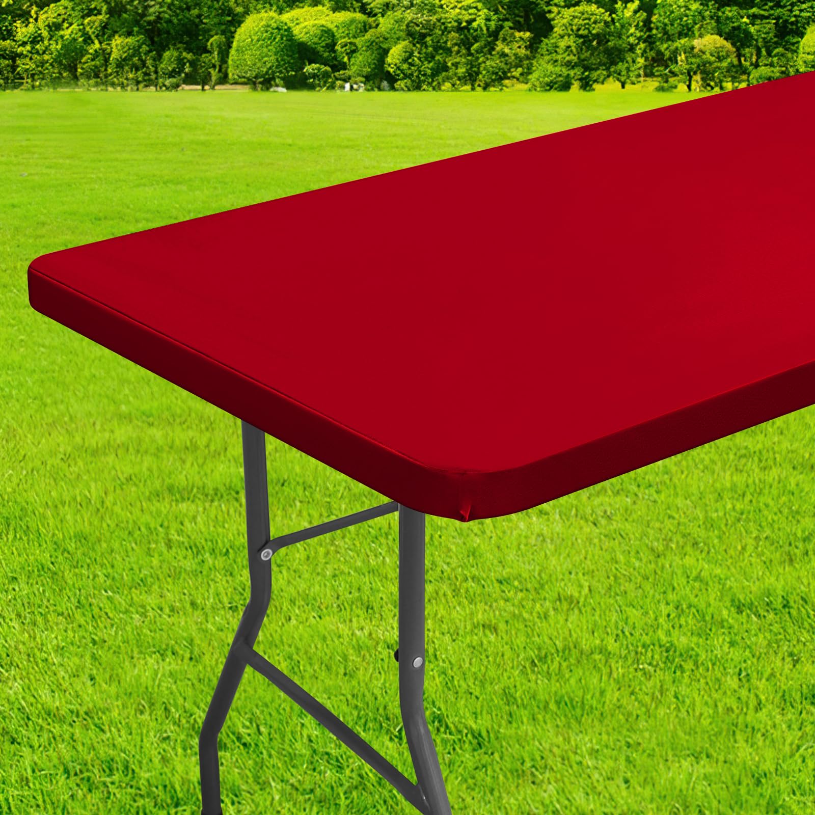 Homing rectangle table cover with elastic edge for wind-proof stability.