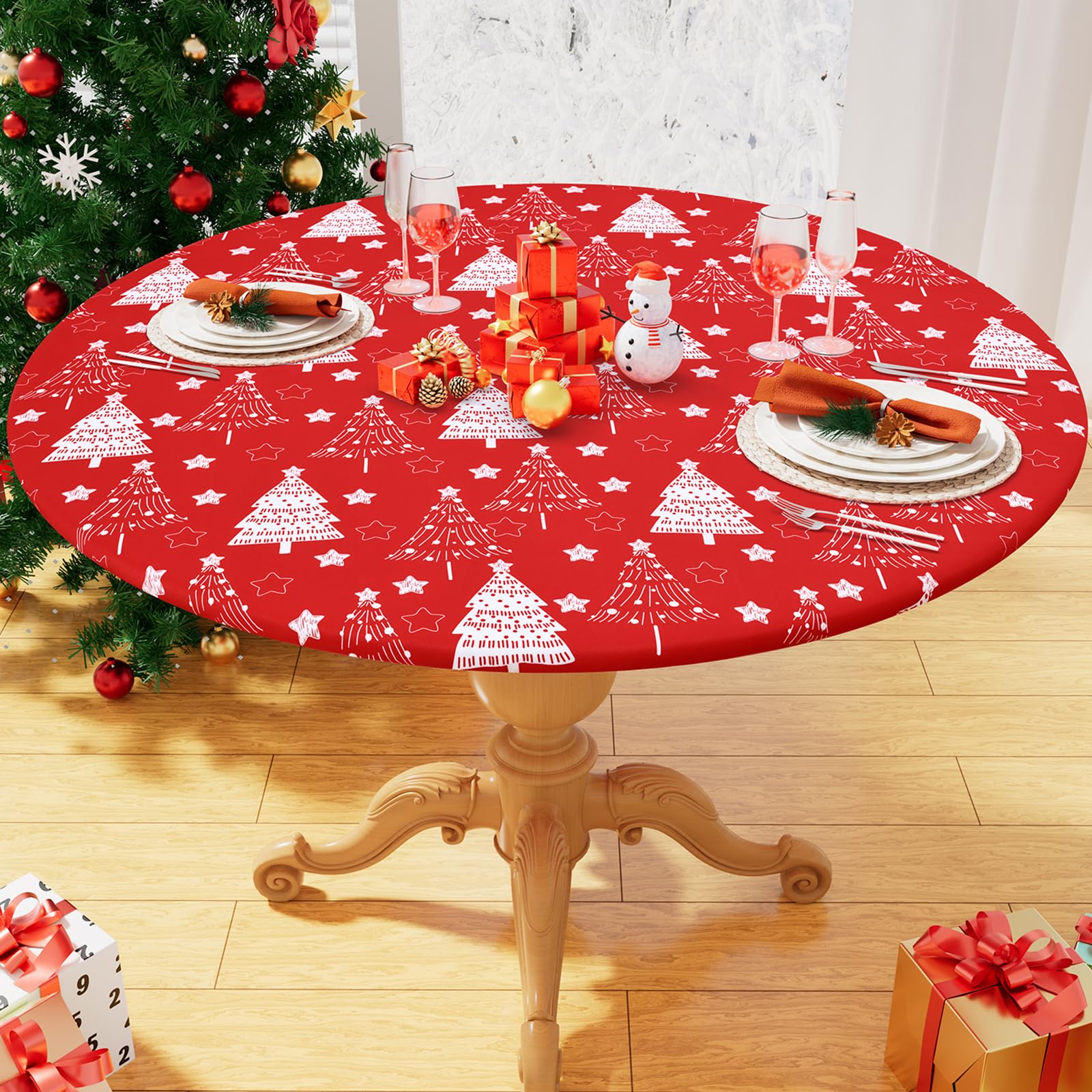 Homing round fabric fitted tablecloth with elastic edge for secure outdoor dining.