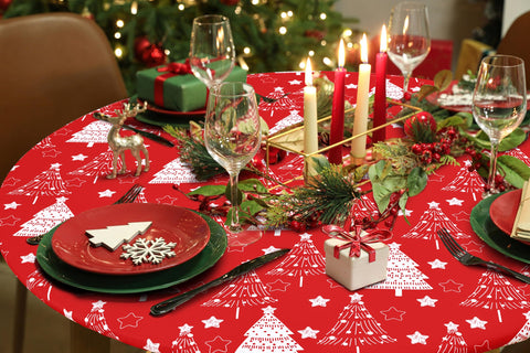Homing round tablecloth cleans easily for quick refresh between events.