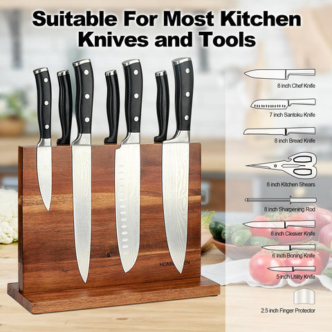 HOMIQUEEN acacia-wood knife-block side view protects edges and enhances kitchen aesthetics.