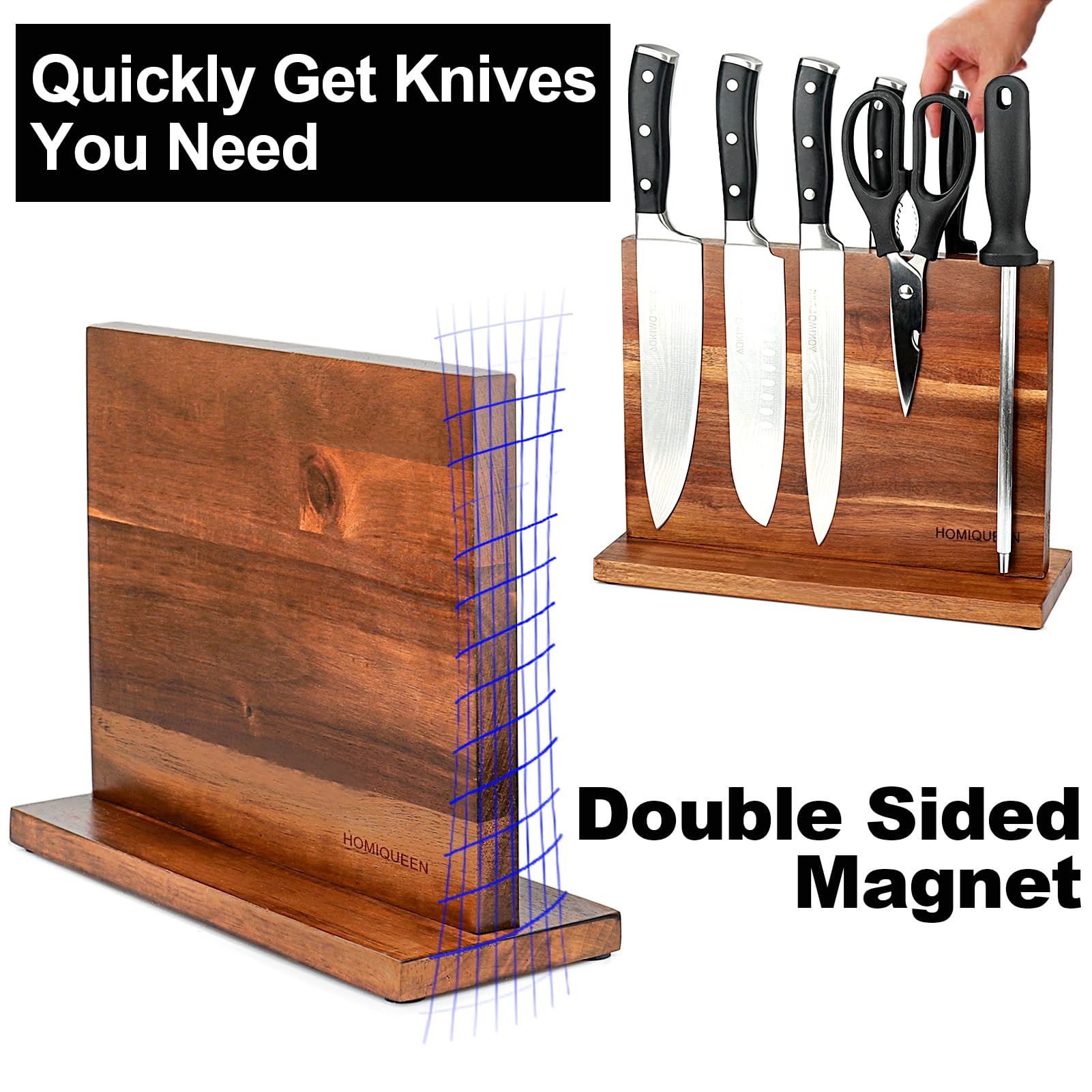 HOMIQUEEN acacia-wood knife block top-angle shows durable finish and easy cleaning.
