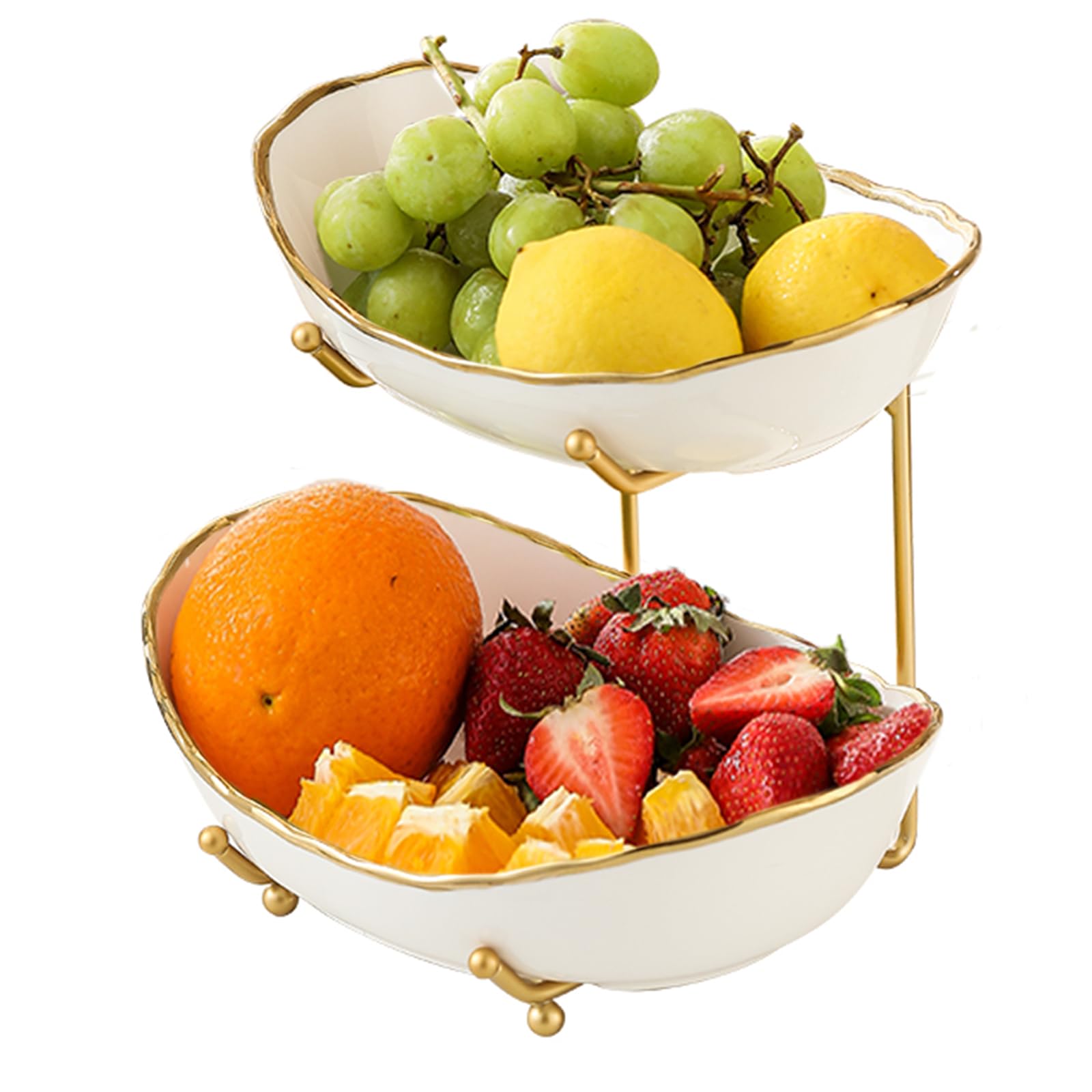 HOMKULA 2-tier ceramic fruit bowl with gold rimmed top view for stylish counter display.