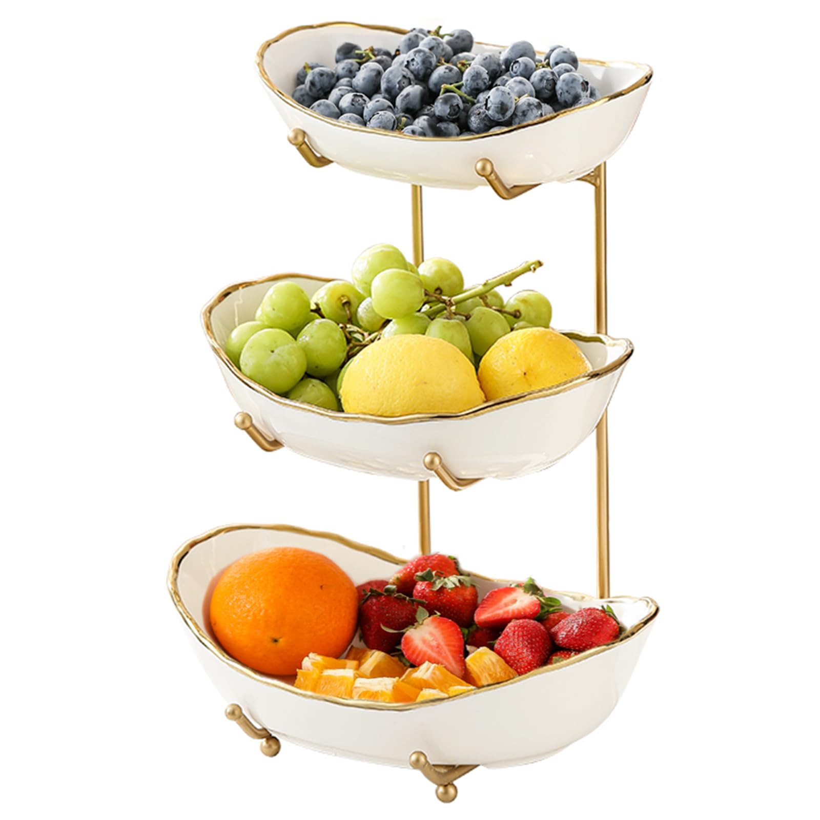 HOMKULA ceramic 3-tier fruit bowl with gold rim on stand on counter