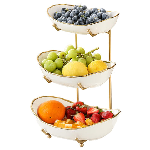HOMKULA ceramic 3-tier fruit bowl with gold rim on stand on counter