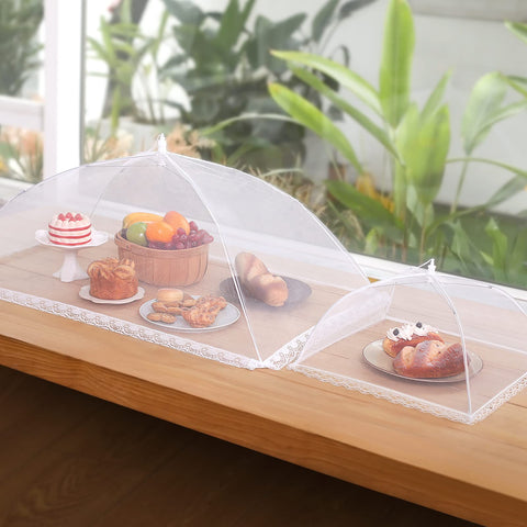 HOMKULA large 17x17 inch cover with dense mesh protects dishes during outdoor dining.