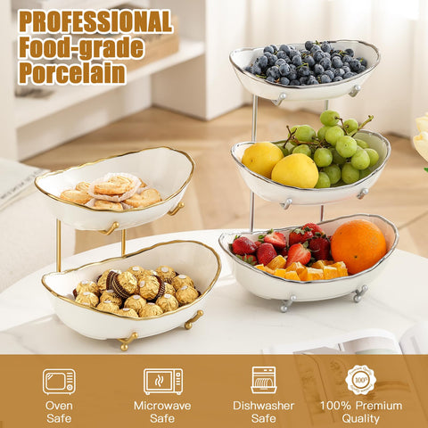 HOMKULA silver metal stand provides sturdy support for stacked bowls.