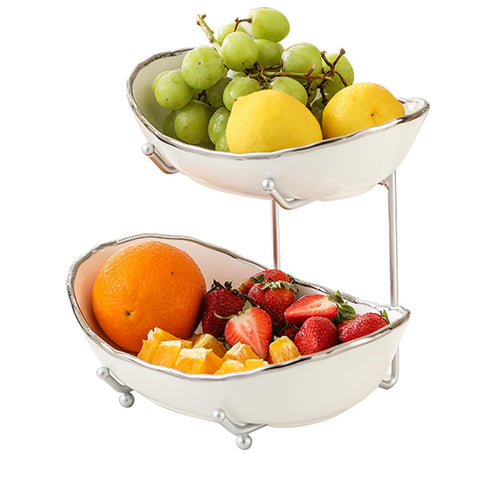 HOMKULA two-tier ceramic fruit bowl on countertop, space-saving display for fresh fruit