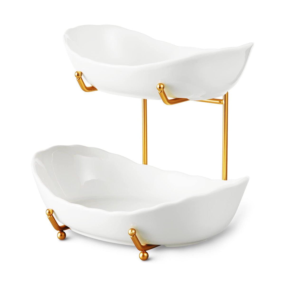 HOMKULA two-tier ceramic fruit bowl on counter keeps fruit neatly organized and reachable.