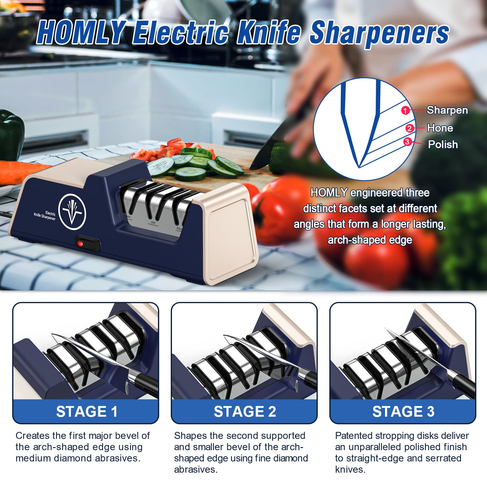 Homly on kitchen counter ready for everyday sharpening tasks