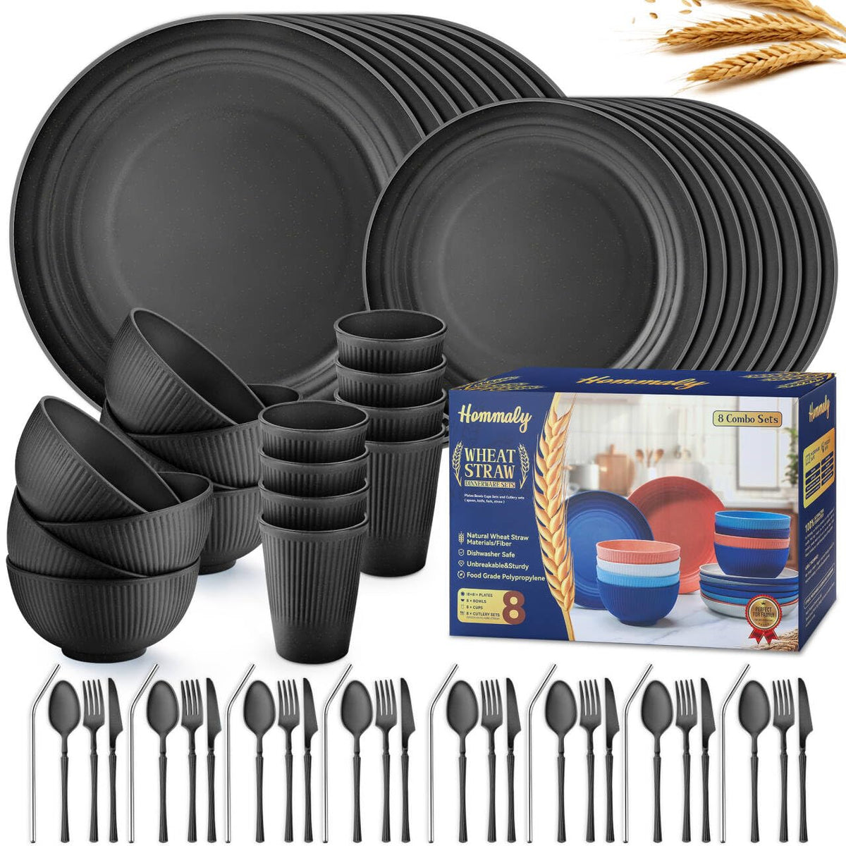 Hommaly wheat straw plates 8x10 in, durable black dishes for daily meals.