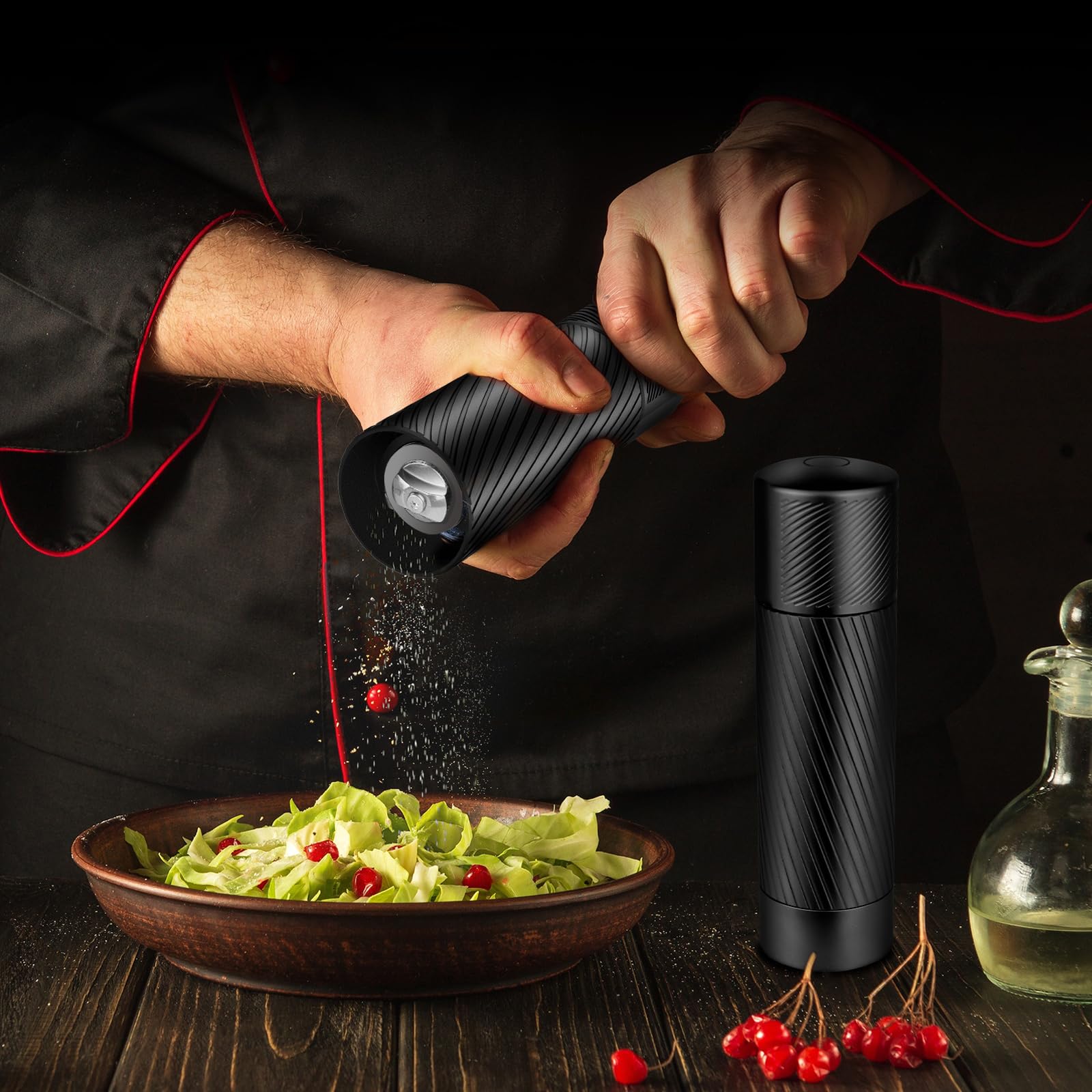 Homnoble pepper grinder in use at restaurant shows efficient seasoning.