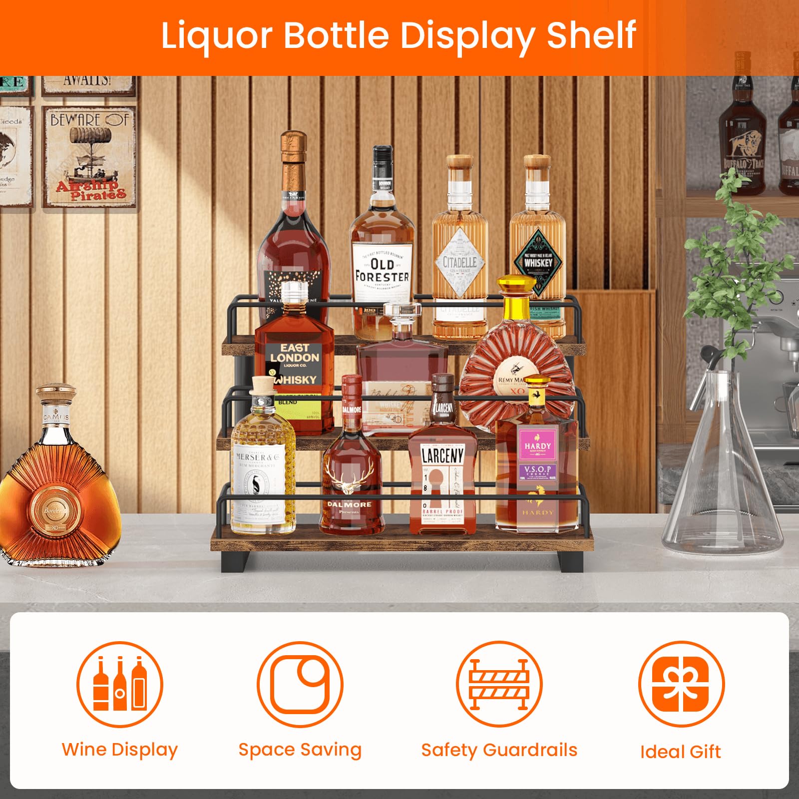 Homode bar shelf stand in rustic brown adds decorative storage on a counter