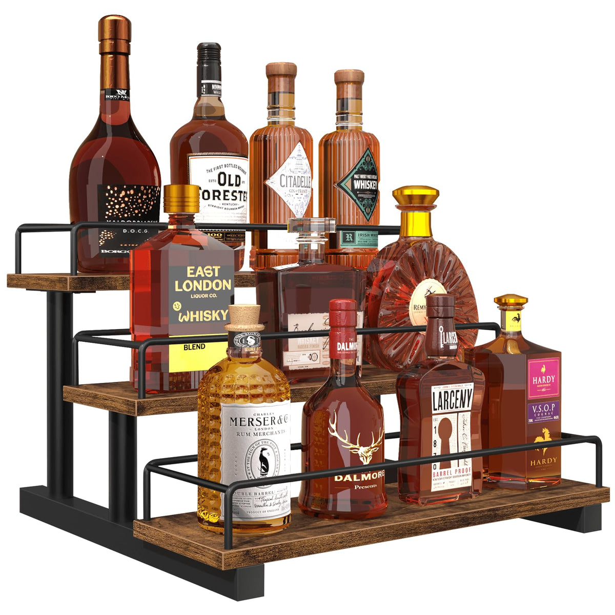 Homode liquor bottle display shelf on rustic countertop showing organized bottles