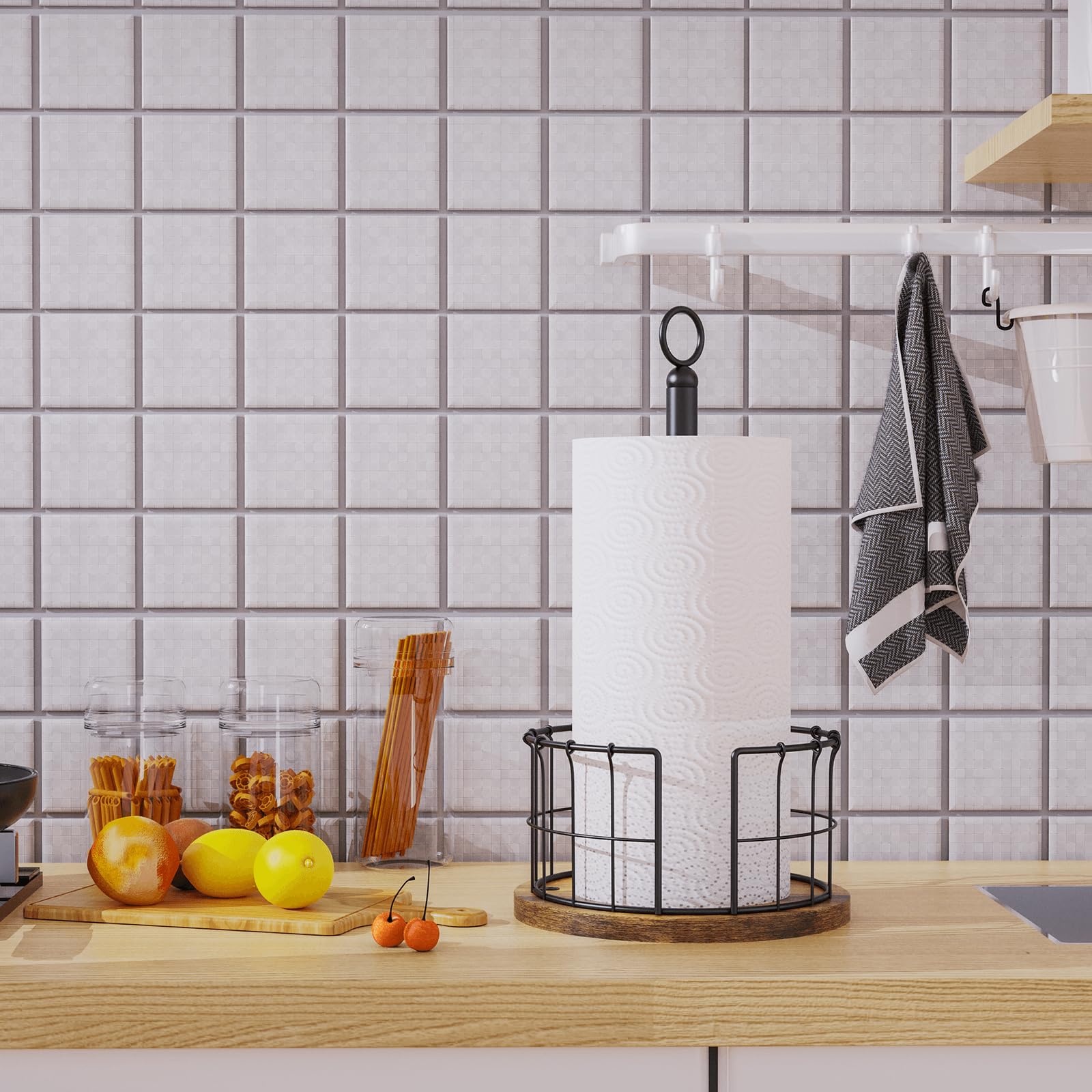 Homode paper towel stand on counter promotes one-handed dispensing.