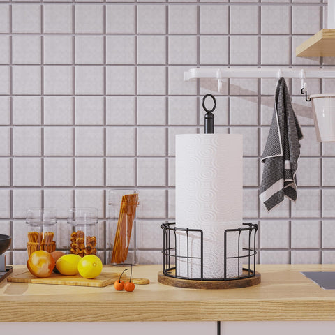 Homode paper towel stand on counter promotes one-handed dispensing.