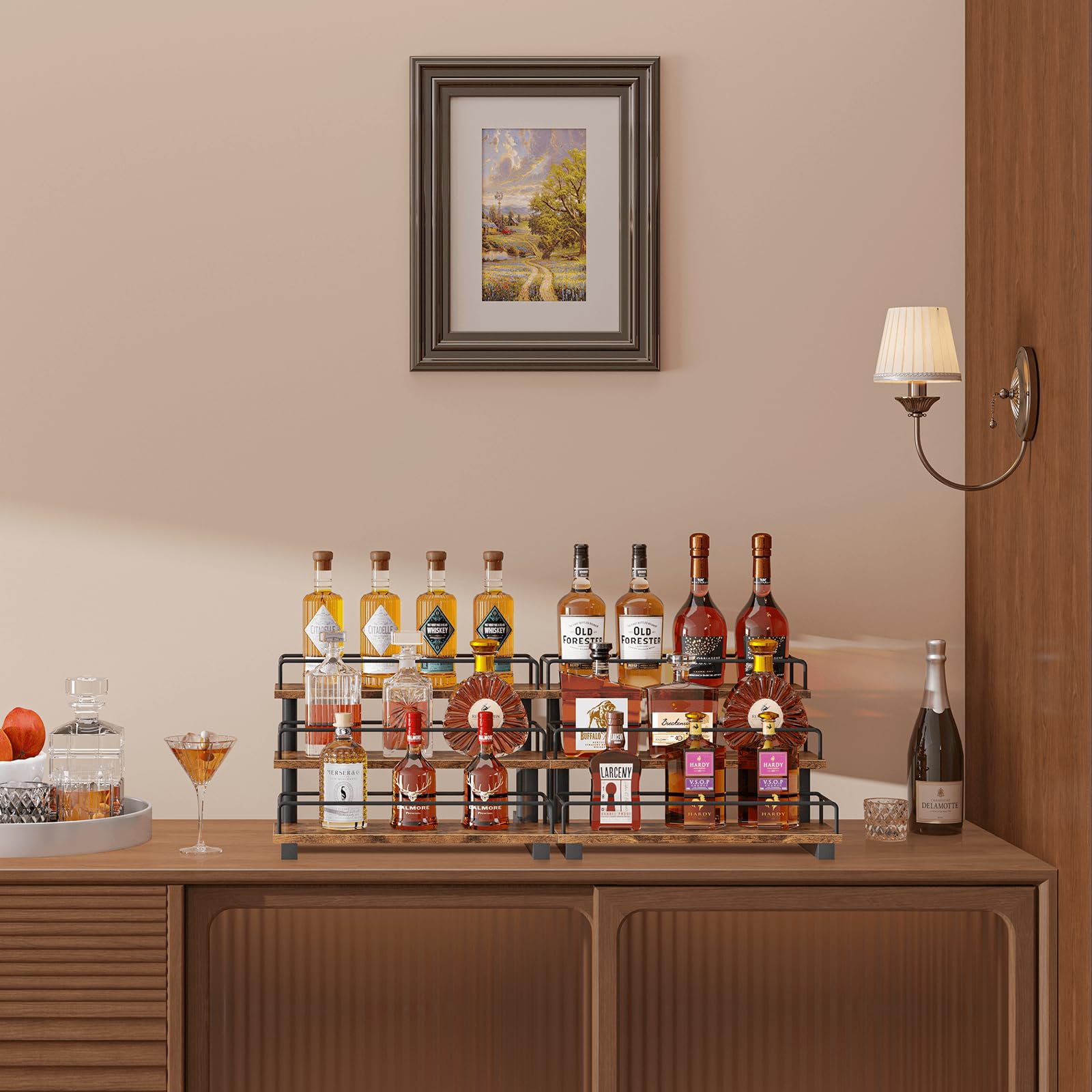 Homode rustic wood base complements durable, space-saving bar storage