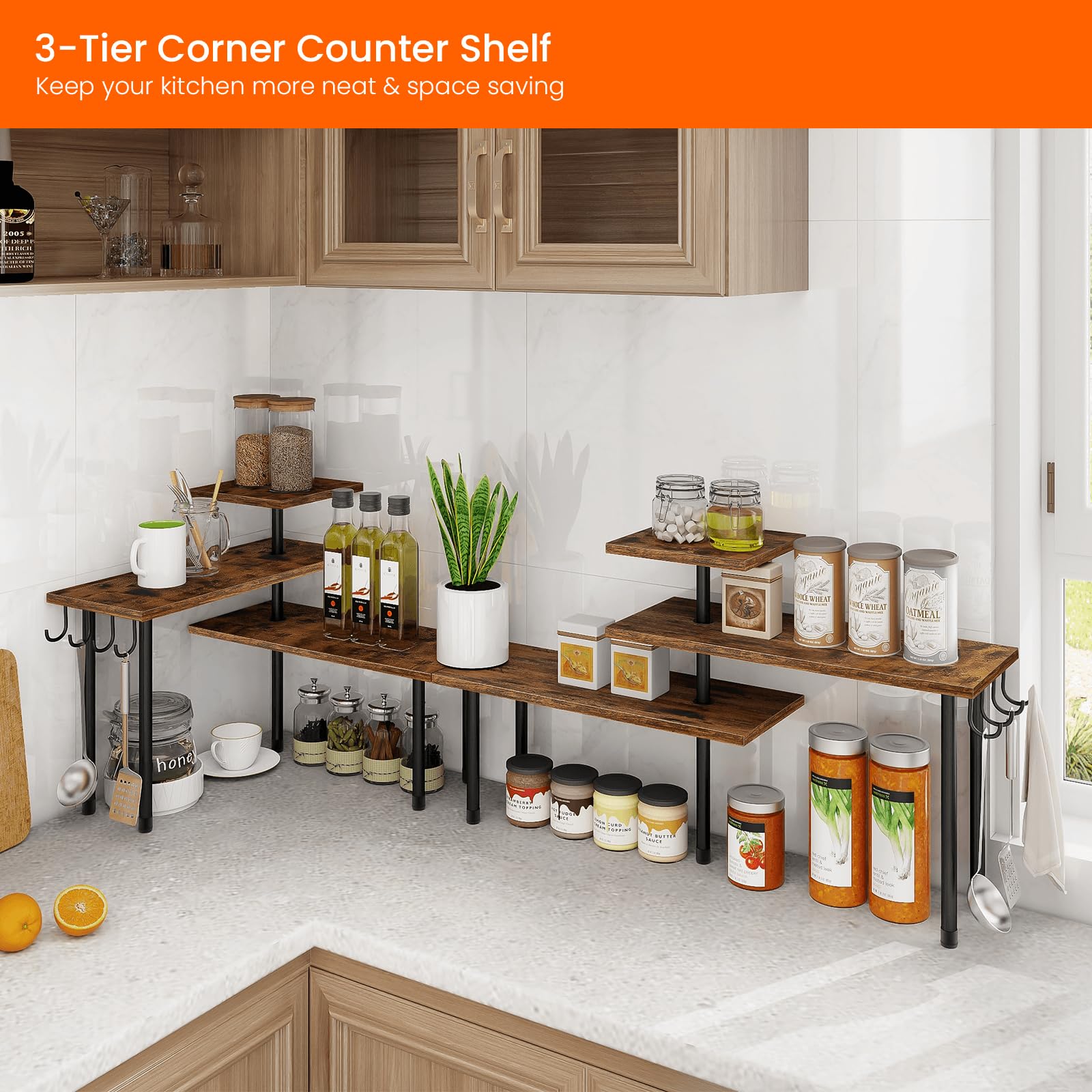 Homode spice rack on shelf provides easy access and visible organization.