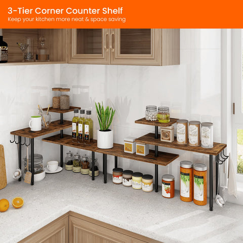 Homode spice rack on shelf provides easy access and visible organization.
