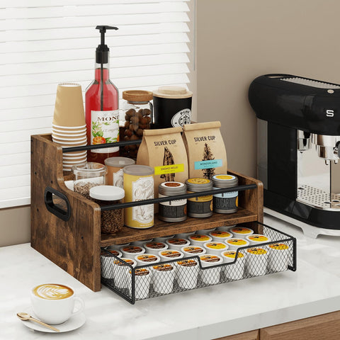 Homode syrup bottle stand with wood and metal frame keeps bottles organized