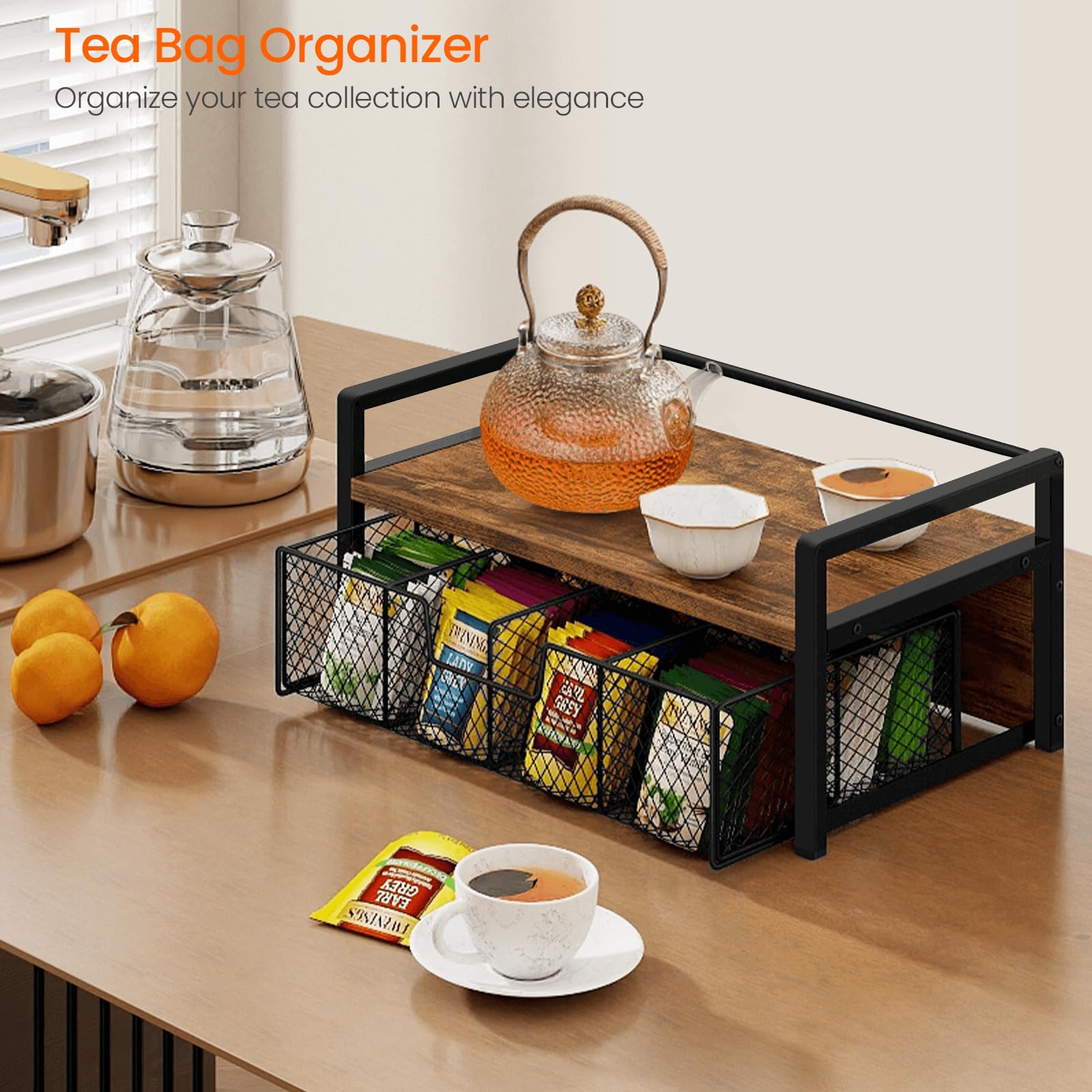 Homode tea organizer with matte black frame adds modern style to a kitchen corner.