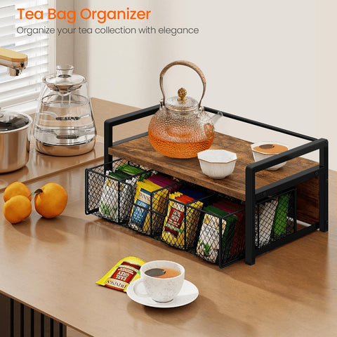 Homode tea organizer with matte black frame adds modern style to a kitchen corner.