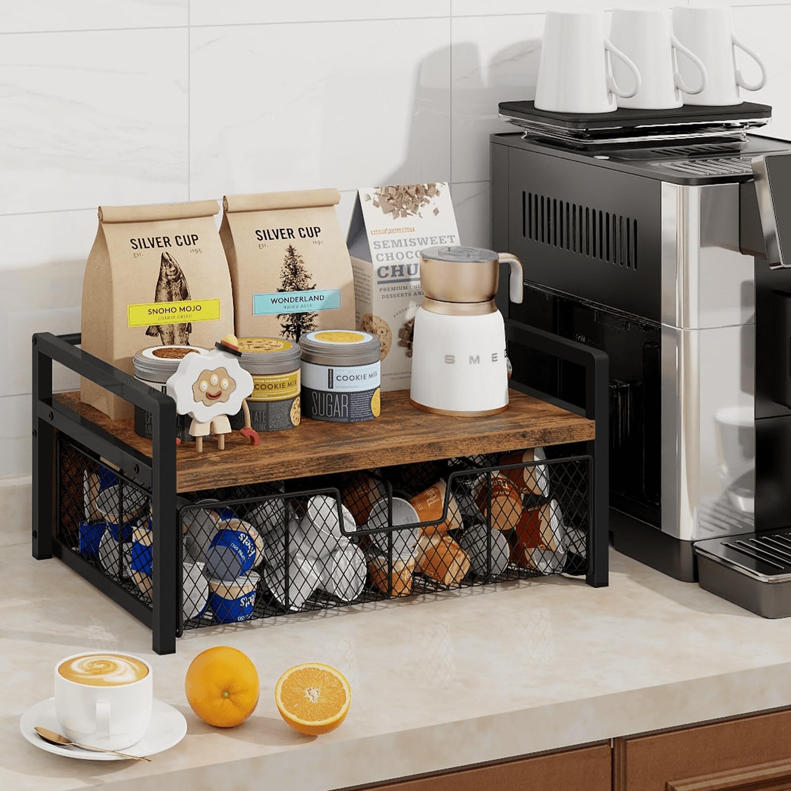 Homode tea station chest top tray displays cups and treats, saving counter space.
