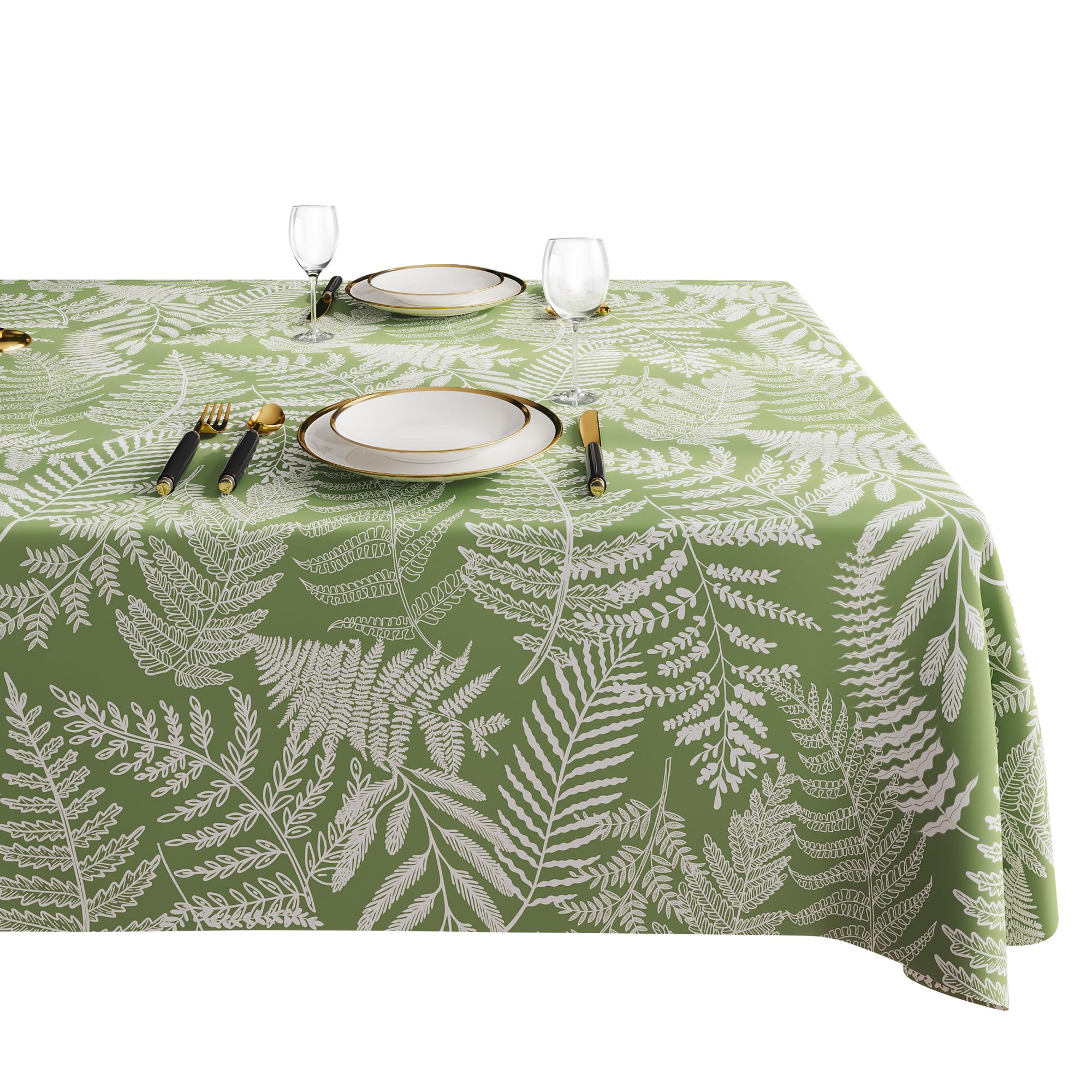 HOMOHEINI rectangle table cloth with green leaves full view showing waterproof protection.