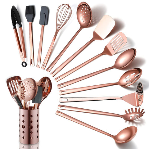 HOMQUEN copper utensils set top view, 13 pieces for versatile kitchen prep.