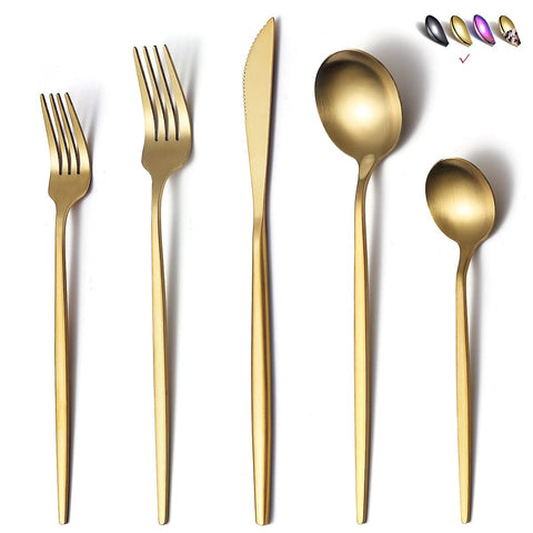 HOMQUEN matte gold silverware on a dining table enhances formal dinner appeal.