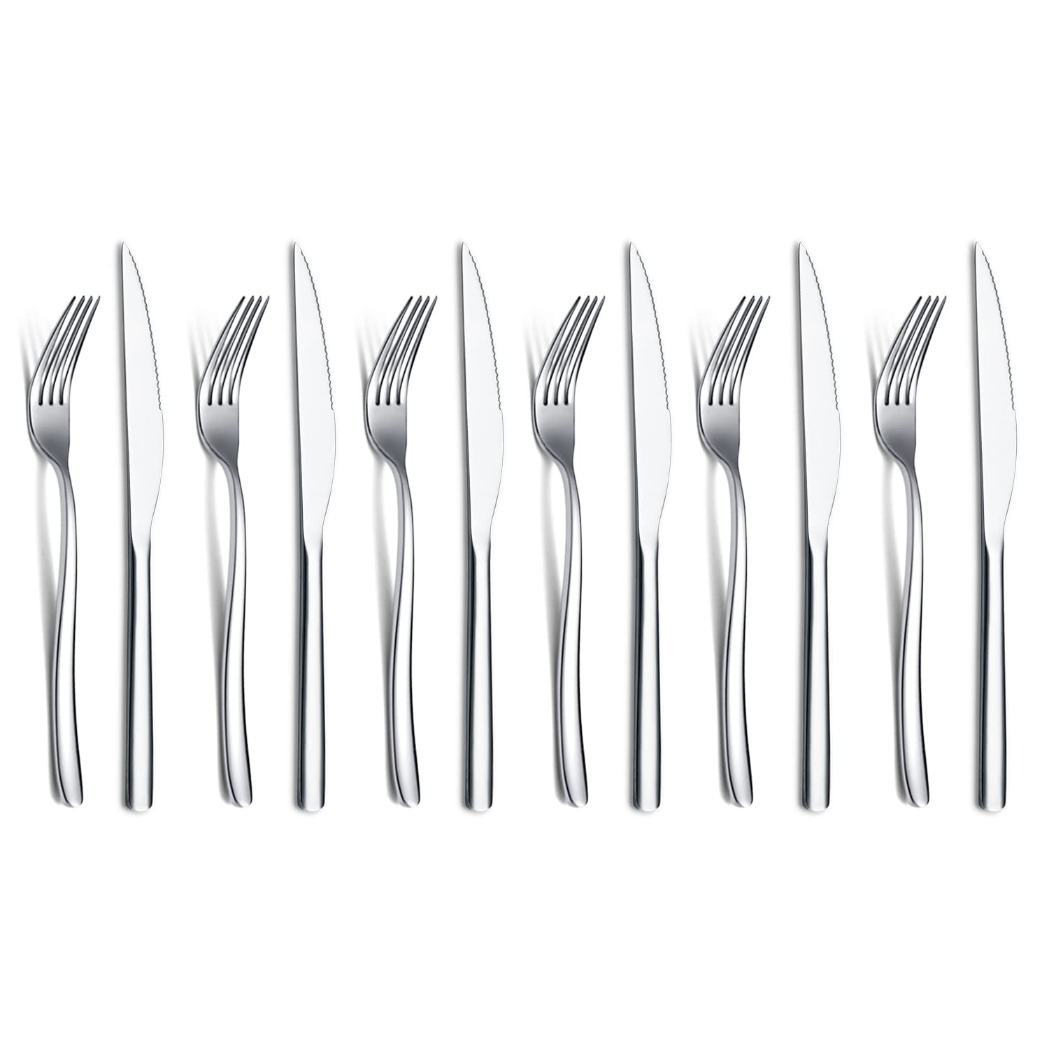 HOMQUEN steak knives 12pc set on table with mirror finish for elegant dining