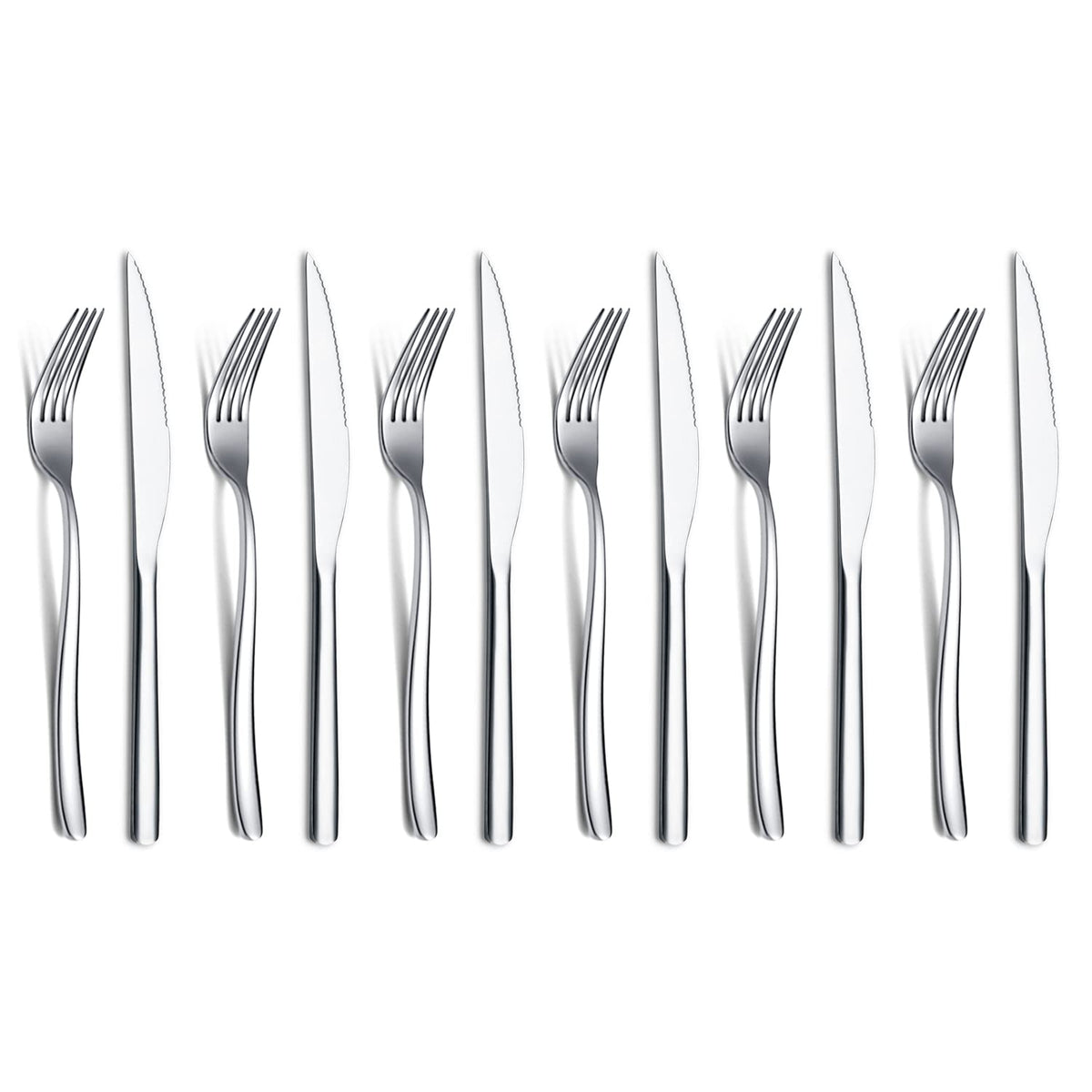 HOMQUEN steak knives 12pc set on table with mirror finish for elegant dining