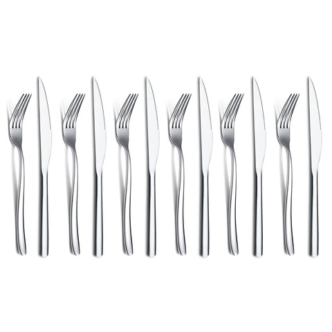 HOMQUEN steak knives 12pc set on table with mirror finish for elegant dining