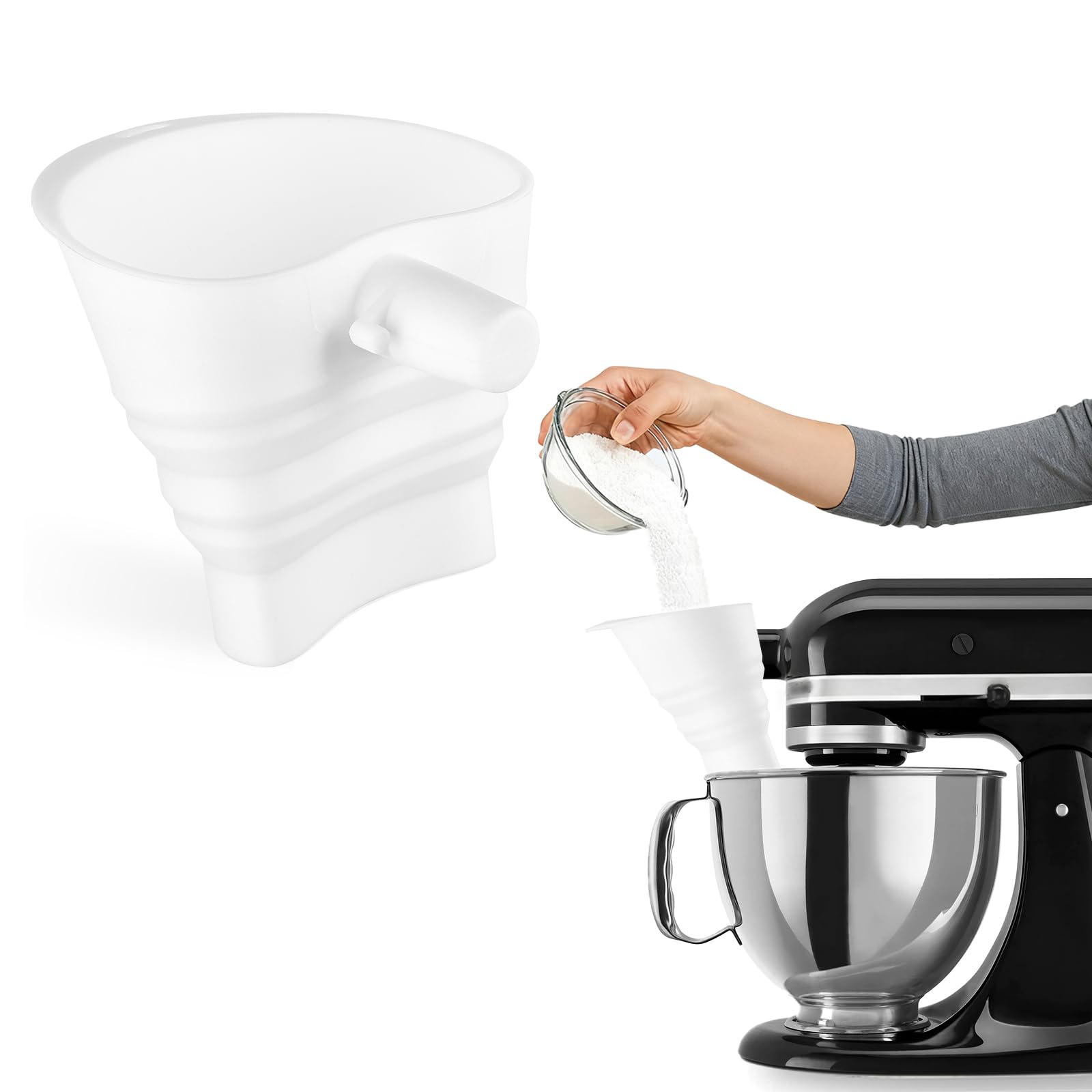 HOMDSG silicone flour funnel attached to a KitchenAid mixer for precise pouring