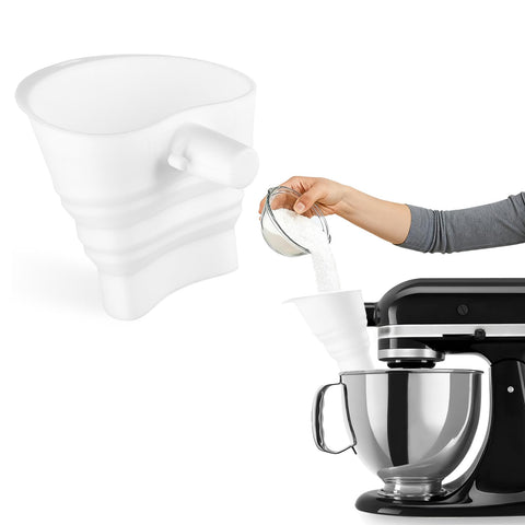 HOMDSG silicone flour funnel attached to a KitchenAid mixer for precise pouring
