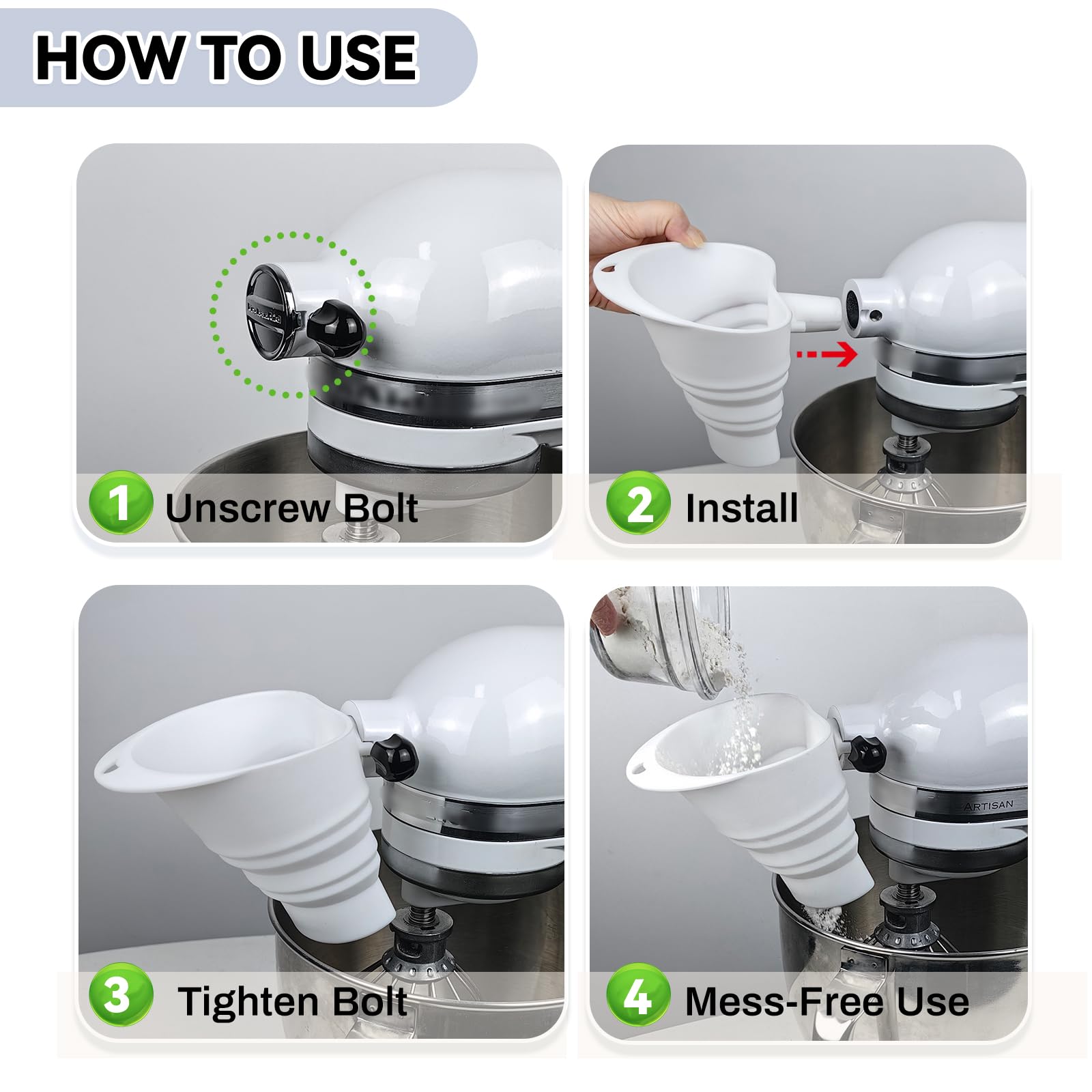 HOMDSG flour funnel enables easy pouring without spills during mixing