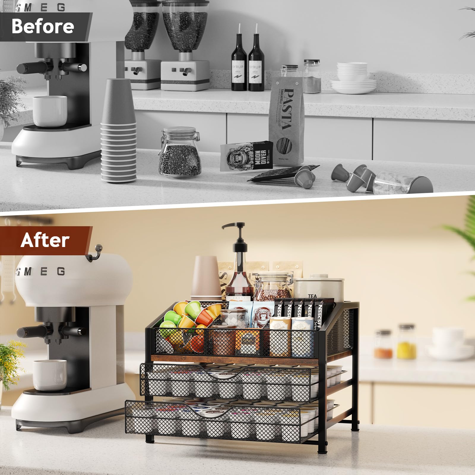 Homsorout coffee bar organizer highlights durable wood and metal construction