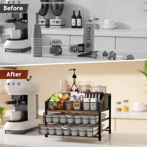 Homsorout coffee bar organizer highlights durable wood and metal construction