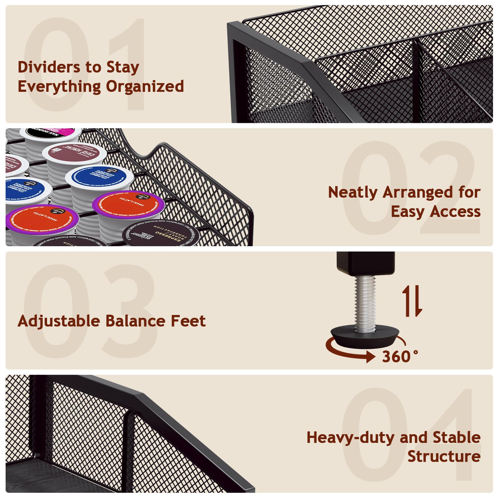 Homsorout Coffee Bar Organizer stores syrups, cups, and tea bags neatly.